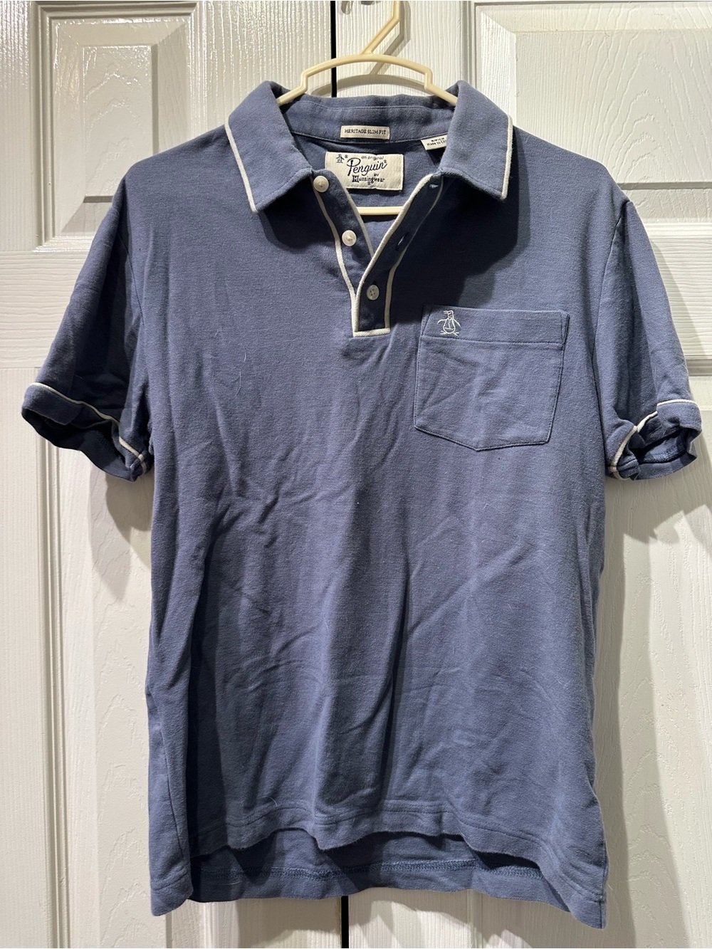 Original Penguin Men's Slate Blue Polo with Contrast White Trim